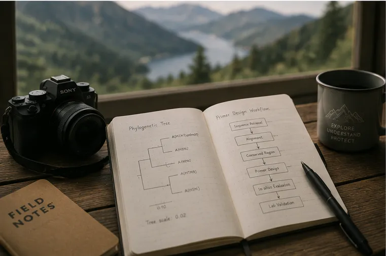 Camera and notebook resting on a window seat overlooking a lake