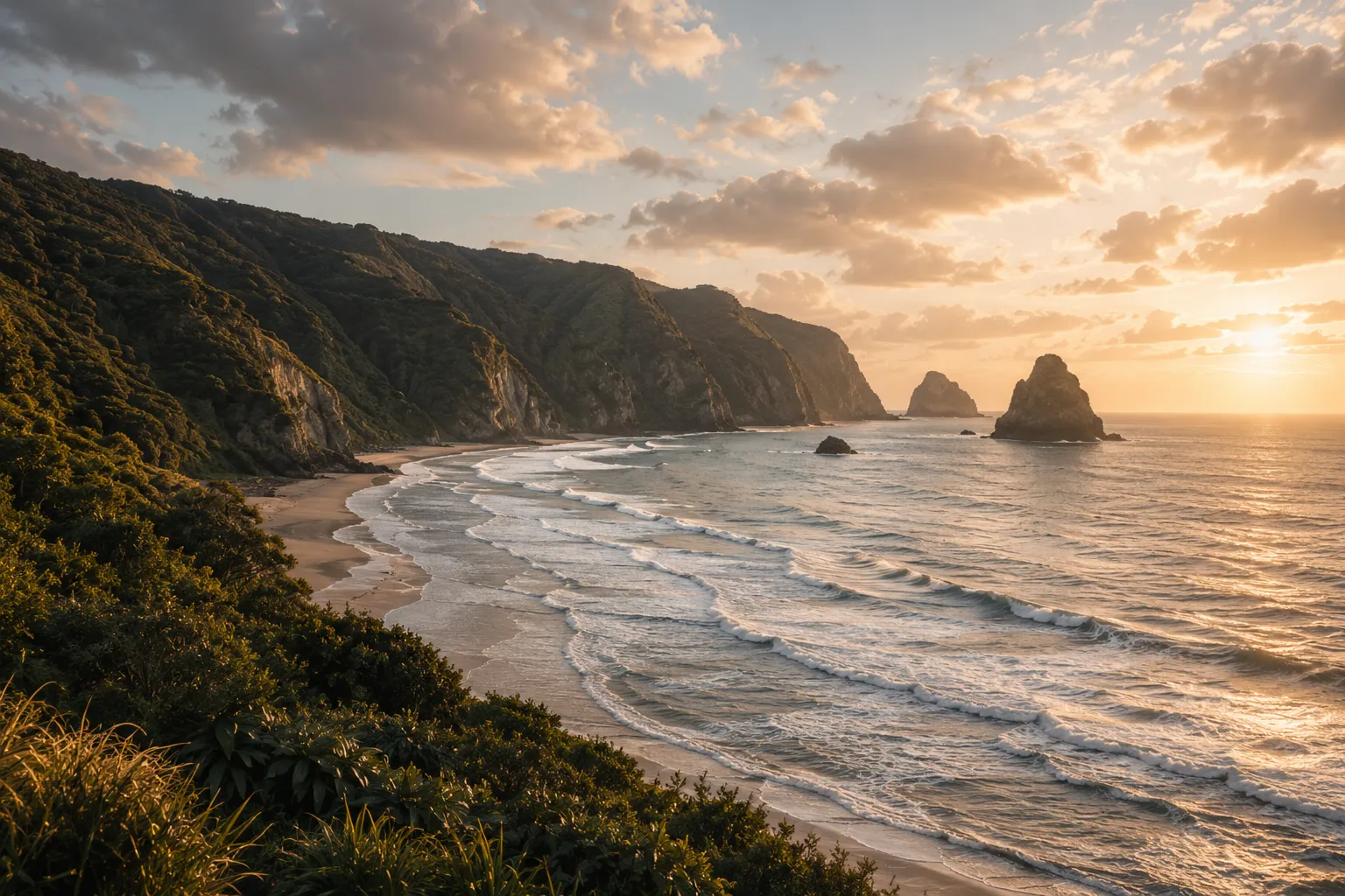 Sea stacks and breaking surf at sunset on the East Java coast.