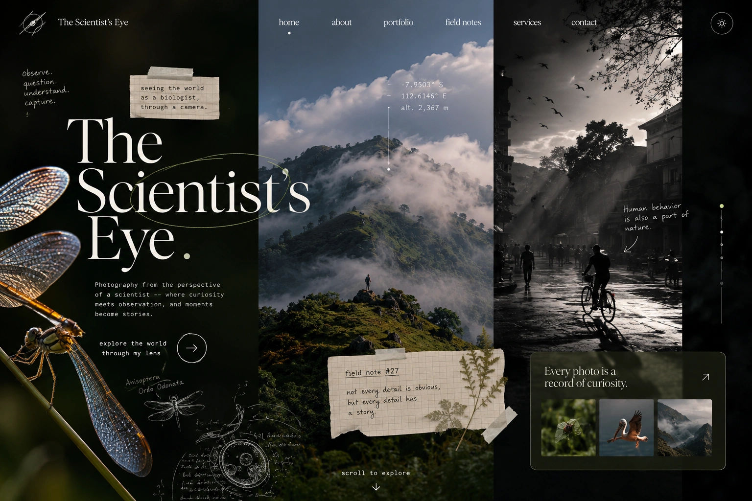 The Scientist's Eye Landing Page concept mockup with field notes, coordinates, and macro photography.