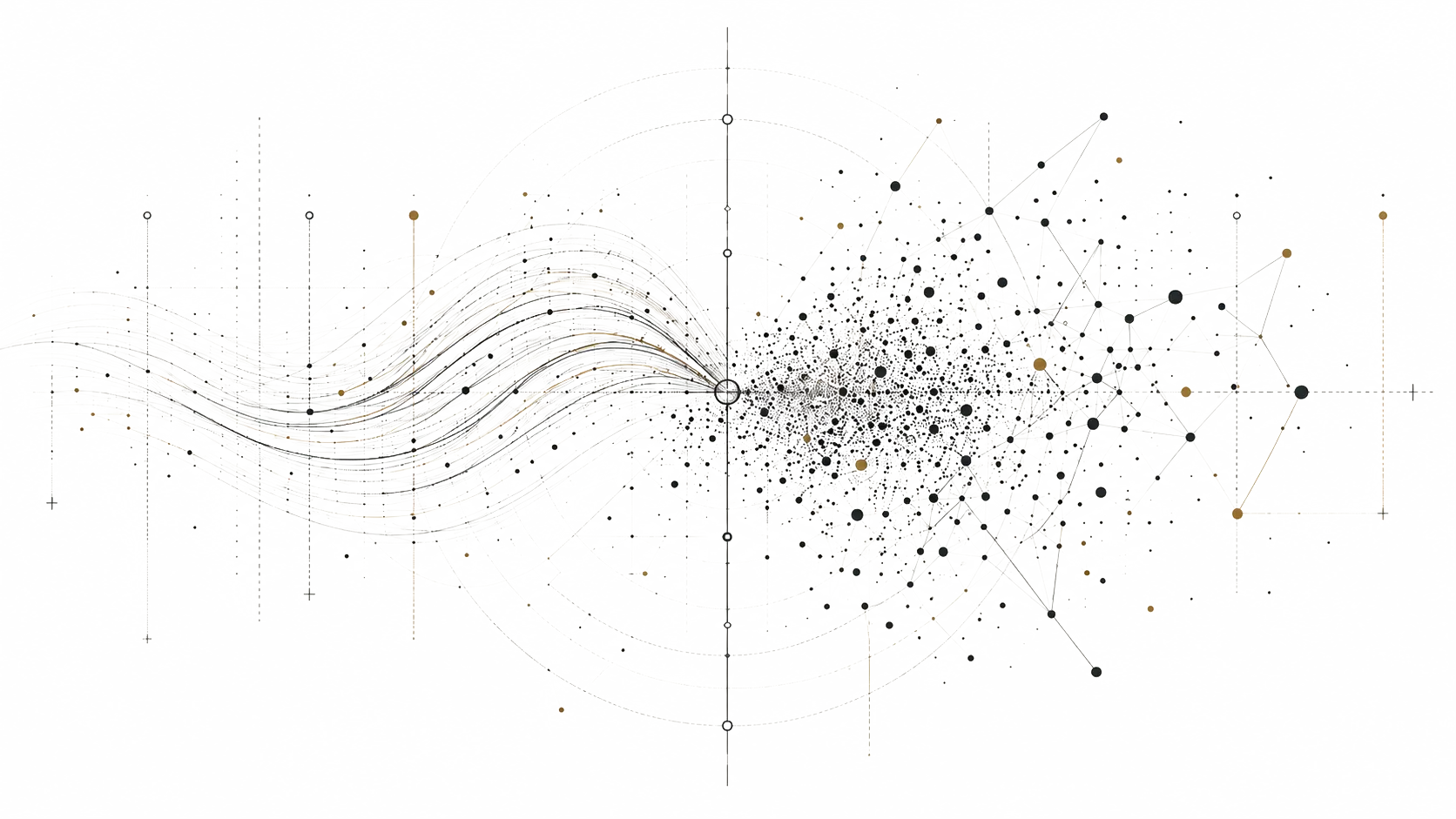 Genomic data visualization illustration showing clustering nodes and trajectory arcs