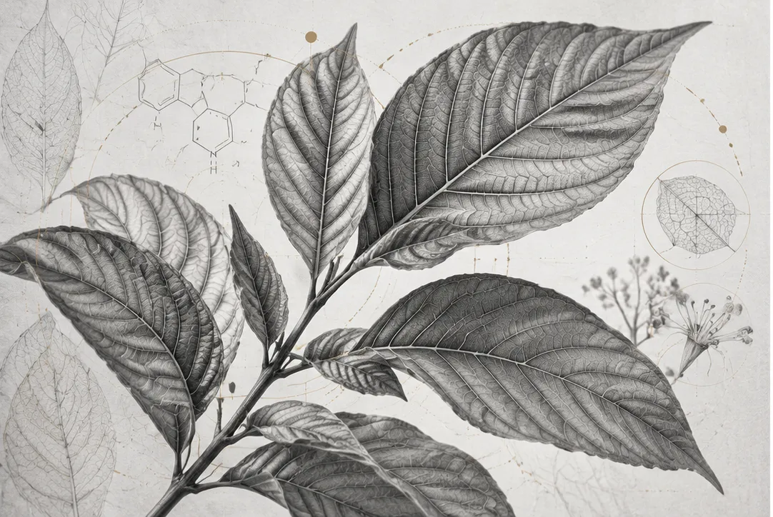 Mitragyna speciosa leaves and alkaloid chemical structures