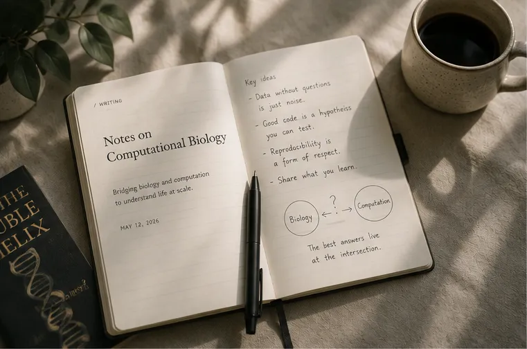 Open notebook titled Notes on Computational Biology, beside a cup of coffee