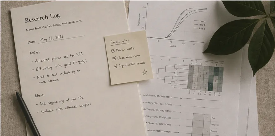 Handwritten research log page beside qPCR result printouts and a pen