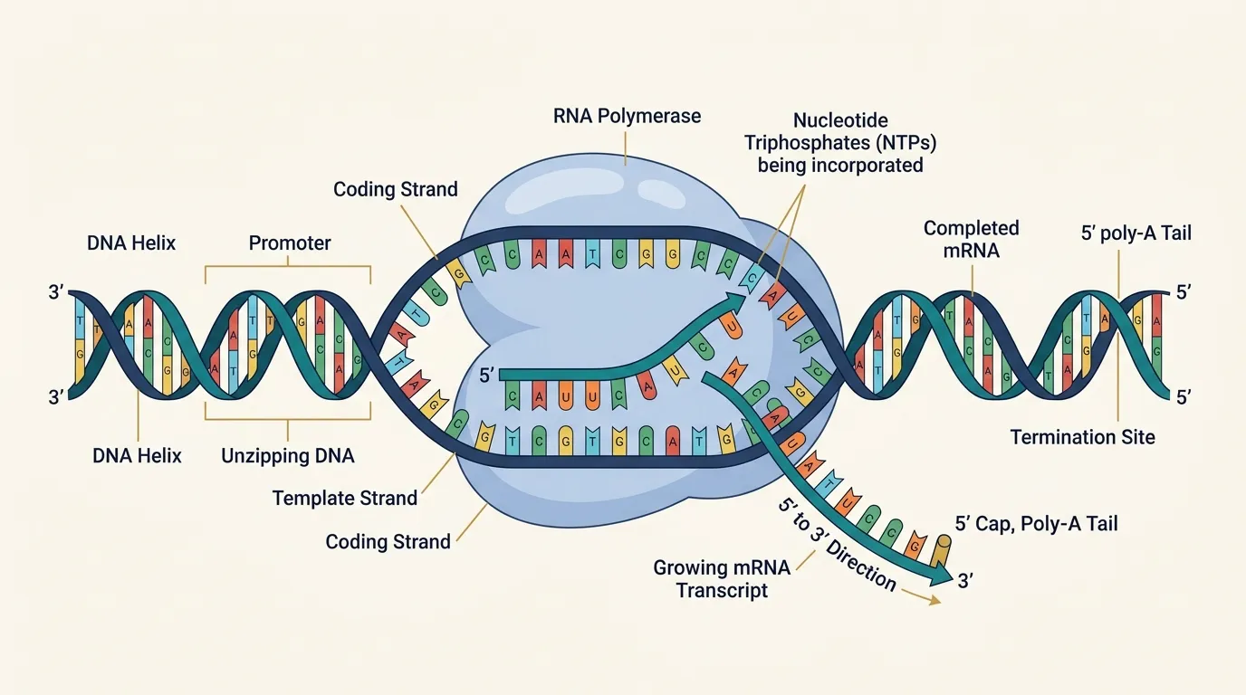 Figure 1: Transcription process showing DNA, RNA polymerase, and mRNA